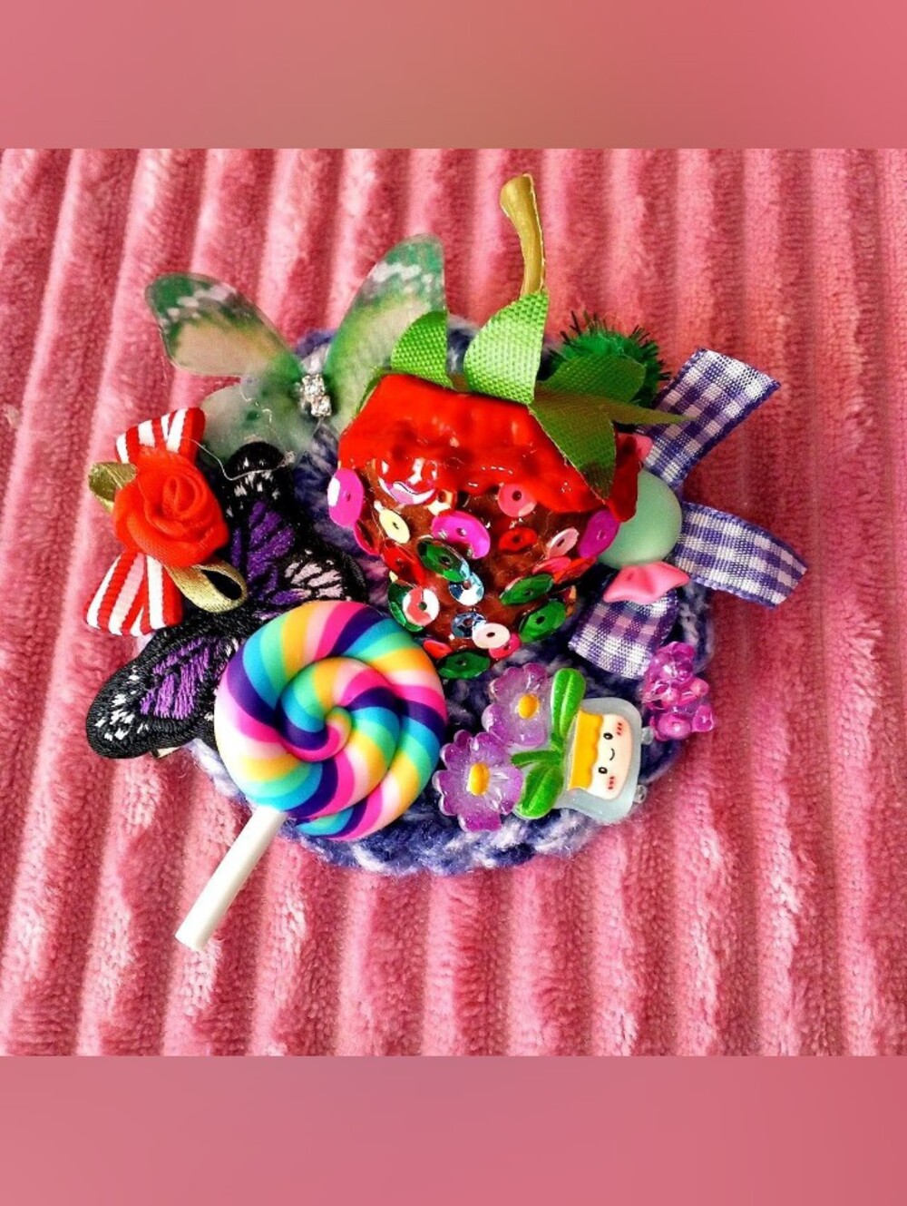 Chocolate Covered Strawberry on Purple Crochet Base Hair Clip